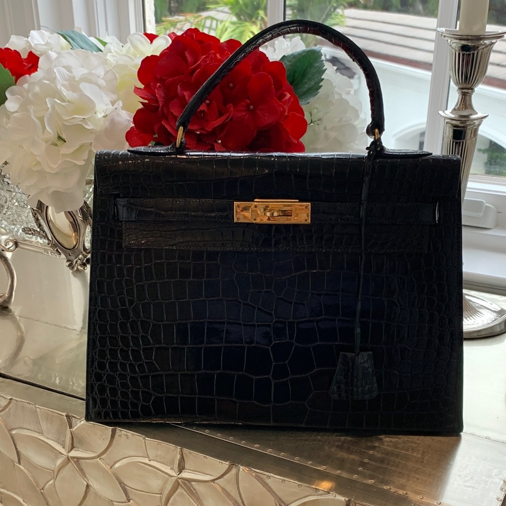 Hermes Vintage Black Croc-Embossed Top-Handle Bag with Gold